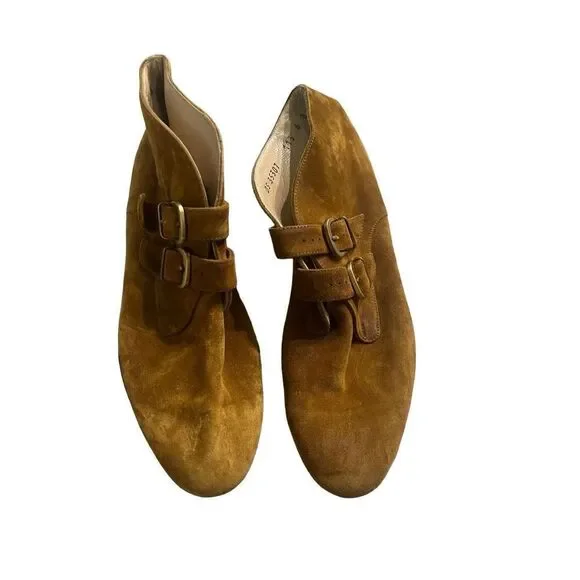 Ferragamo Womens Tan Double Buckle Suede Ankle Boots Size 6B